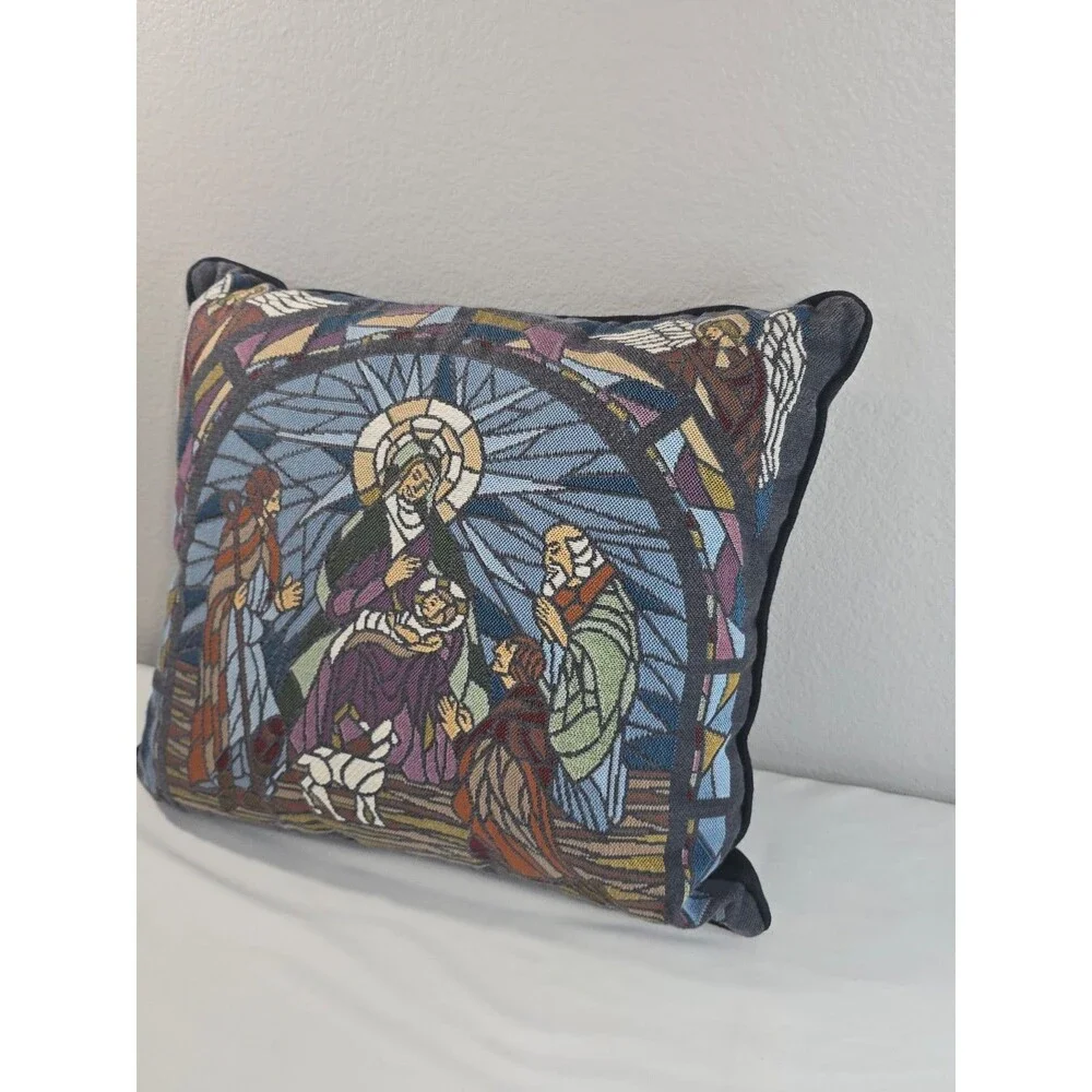 Nativity Scene Throw Pillow Stained Glass Joseph Mary Jesus Wise Men Needlepoint